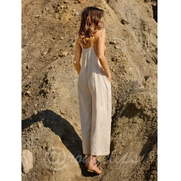 Linen Blend Casual Beige Overalls Pockets Jumpsuit Wide Leg - Picture 2 of 7